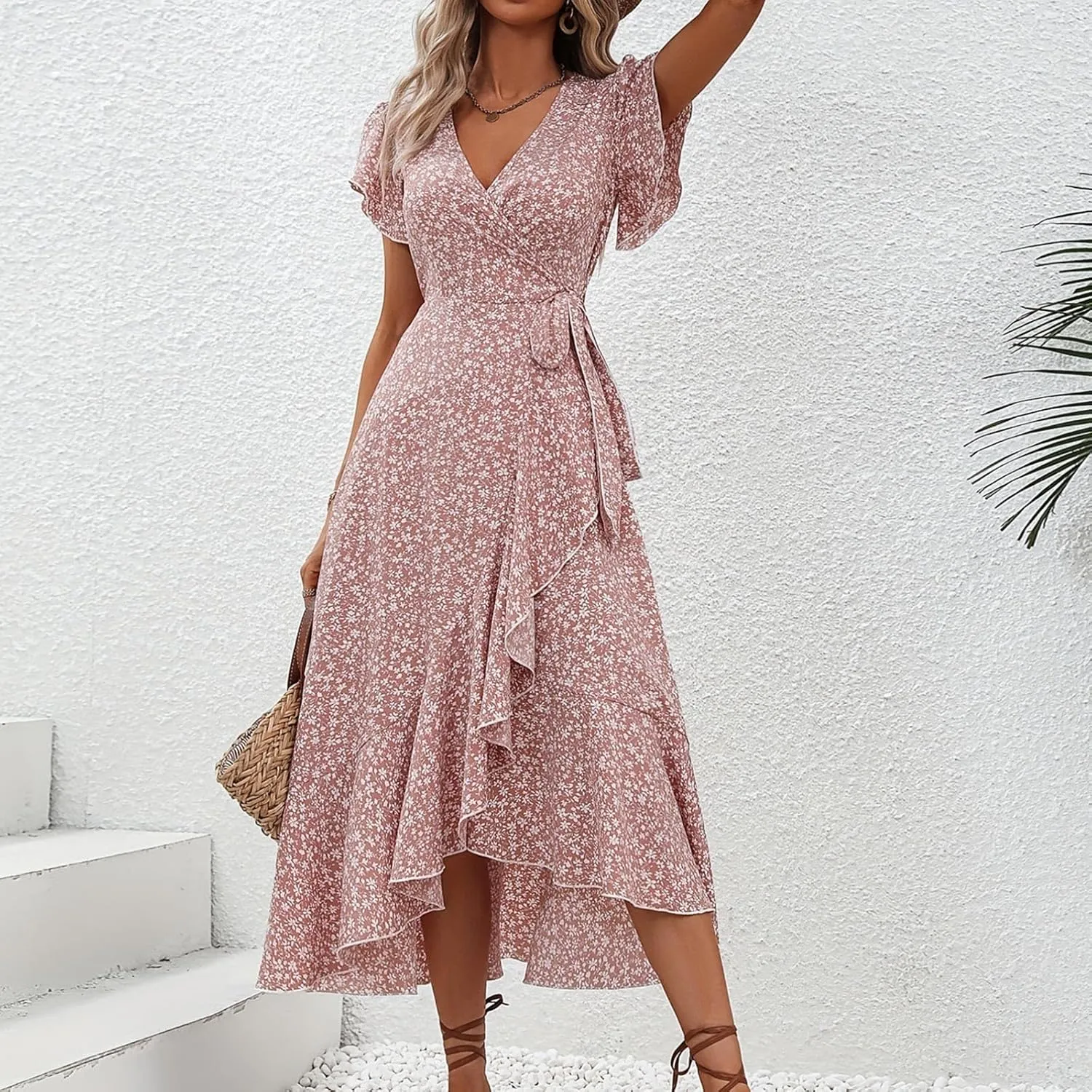 Floral Midi Dress for Women Flowy Vintage Casual A Line Wrap Dress Beach Vacation Trendy Boho V Neck Sundress
