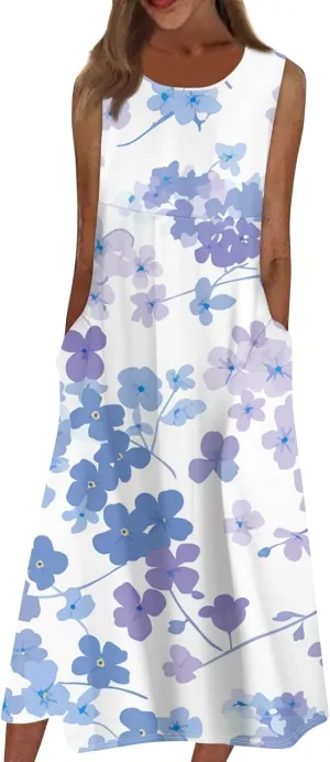 Floral Midi Dress for Women Round Neck Tea Party Sleeveless Floral Dresses with Pockets Stylish Going Out Easter Outfits