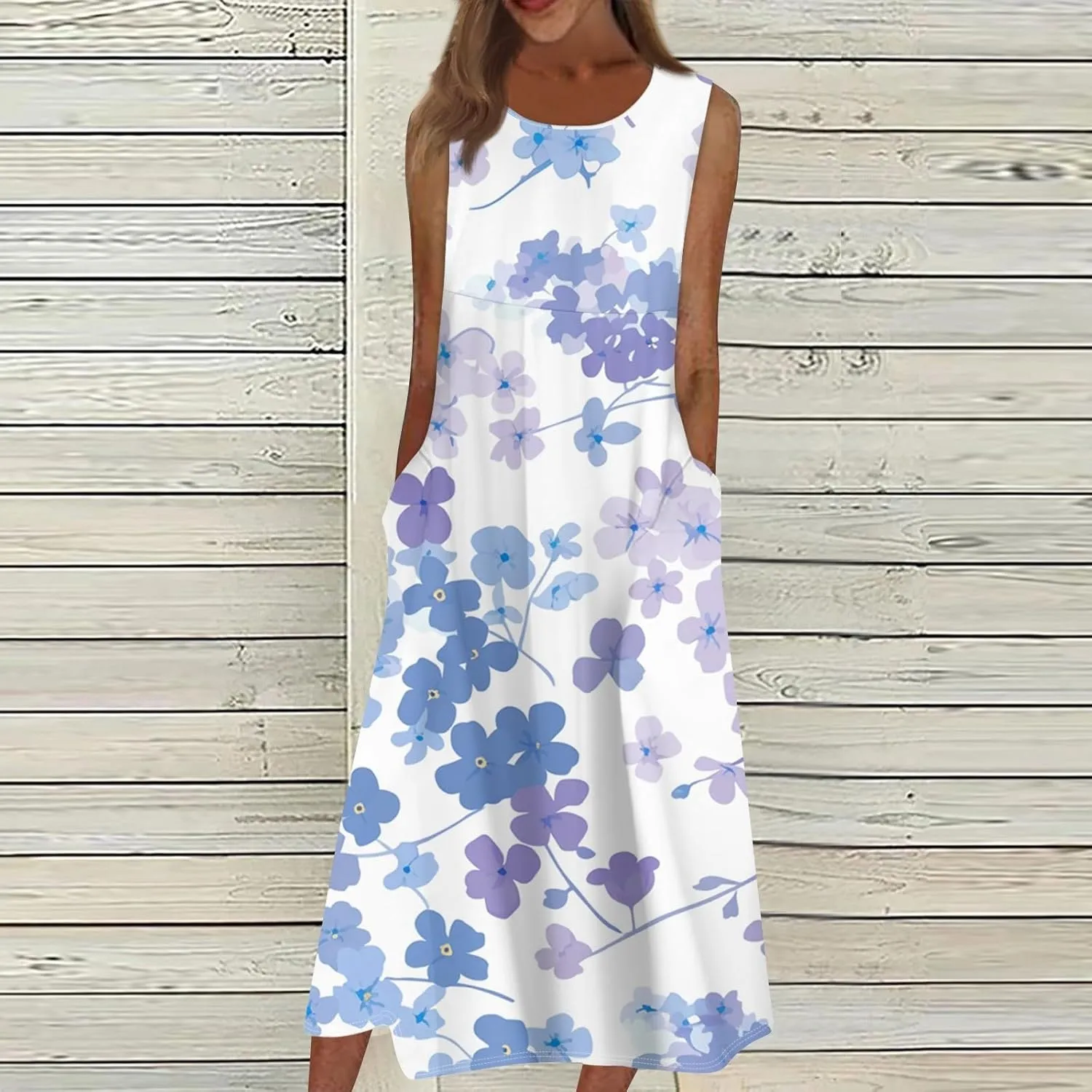 Floral Midi Dress for Women Round Neck Tea Party Sleeveless Floral Dresses with Pockets Stylish Going Out Easter Outfits