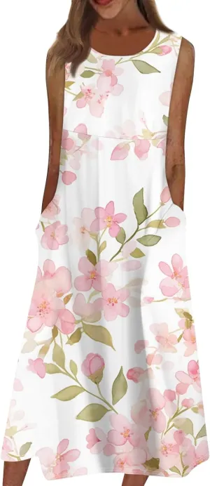 Floral Midi Dress for Women Round Neck Tea Party Sleeveless Floral Dresses with Pockets Stylish Going Out Easter Outfits