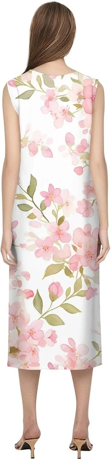 Floral Midi Dress for Women Round Neck Tea Party Sleeveless Floral Dresses with Pockets Stylish Going Out Easter Outfits