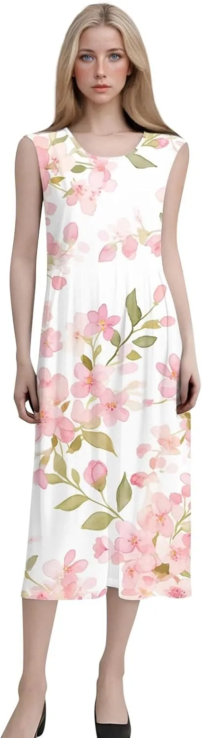 Floral Midi Dress for Women Round Neck Tea Party Sleeveless Floral Dresses with Pockets Stylish Going Out Easter Outfits