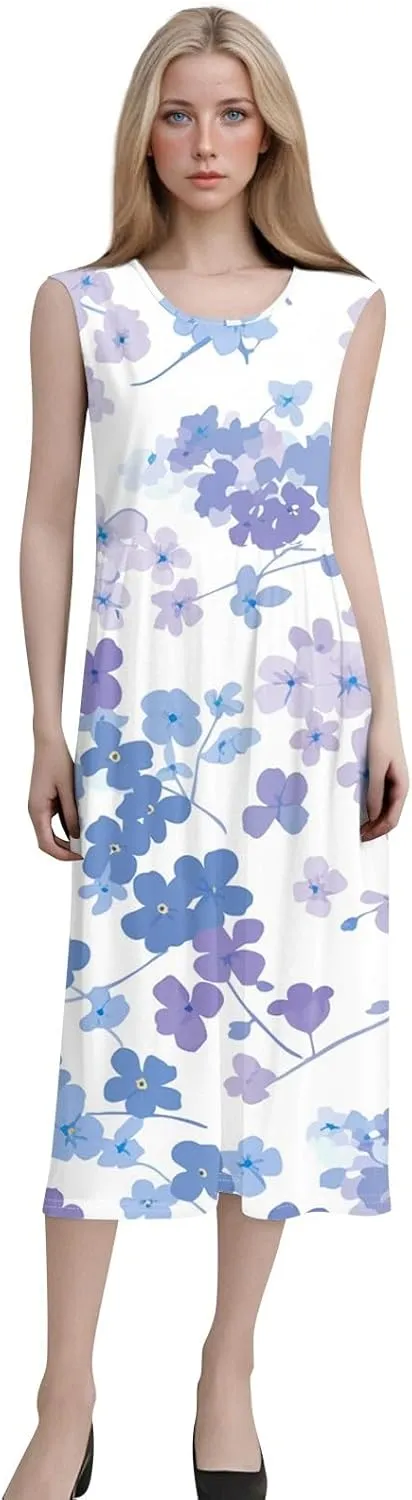 Floral Midi Dress for Women Round Neck Tea Party Sleeveless Floral Dresses with Pockets Stylish Going Out Easter Outfits