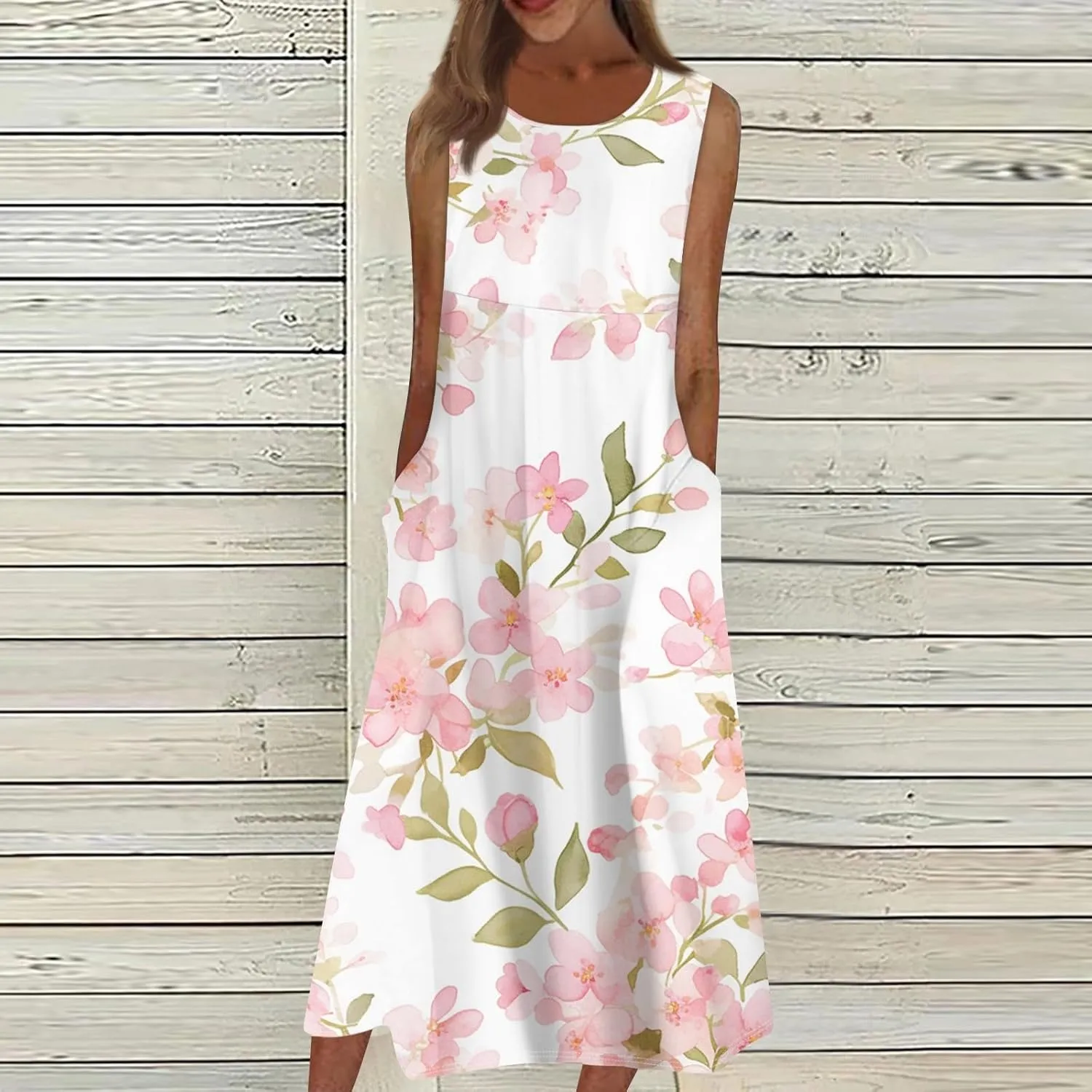 Floral Midi Dress for Women Round Neck Tea Party Sleeveless Floral Dresses with Pockets Stylish Going Out Easter Outfits