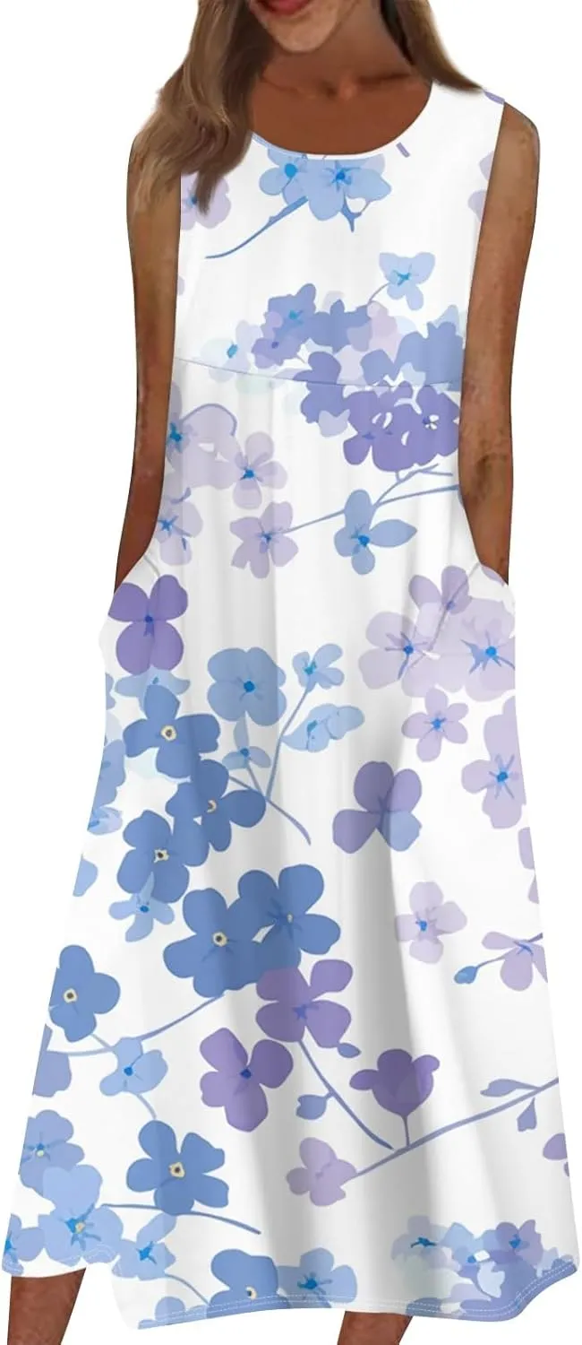 Floral Midi Dress for Women Round Neck Tea Party Sleeveless Floral Dresses with Pockets Stylish Going Out Easter Outfits