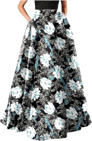 Floral Printed Maxi Skirts for Women High Waisted Long Skirts Boho Floor Length Flowy A Line Maxi Skirt with Pockets