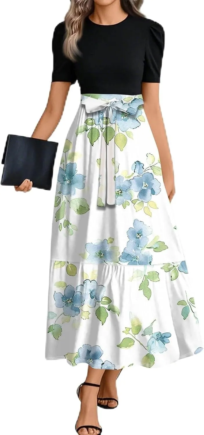 Floral Summer Dresses for Women- 2025 Business Causal Teacher Flowy Maxi Dress Empire Waist Church Modest Dresses