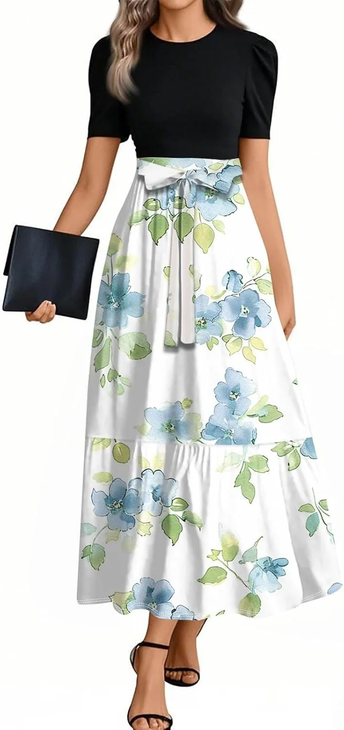 Floral Summer Dresses for Women- 2025 Business Causal Teacher Flowy Maxi Dress Empire Waist Church Modest Dresses