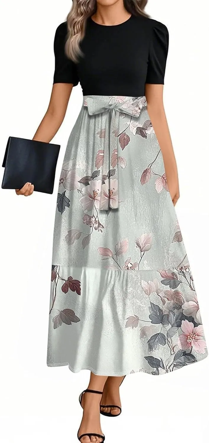 Floral Summer Dresses for Women- 2025 Business Causal Teacher Flowy Maxi Dress Empire Waist Church Modest Dresses