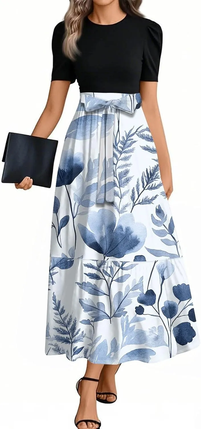 Floral Summer Dresses for Women- 2025 Business Causal Teacher Flowy Maxi Dress Empire Waist Church Modest Dresses