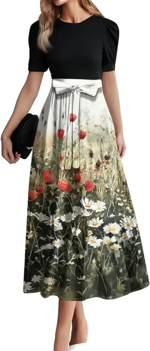 Floral Wedding Guest Dresses for Women- Y2k Tie Puff Short Sleeve Maxi Dress Flowy Patchwork Ruffle Hem Modest Dresses