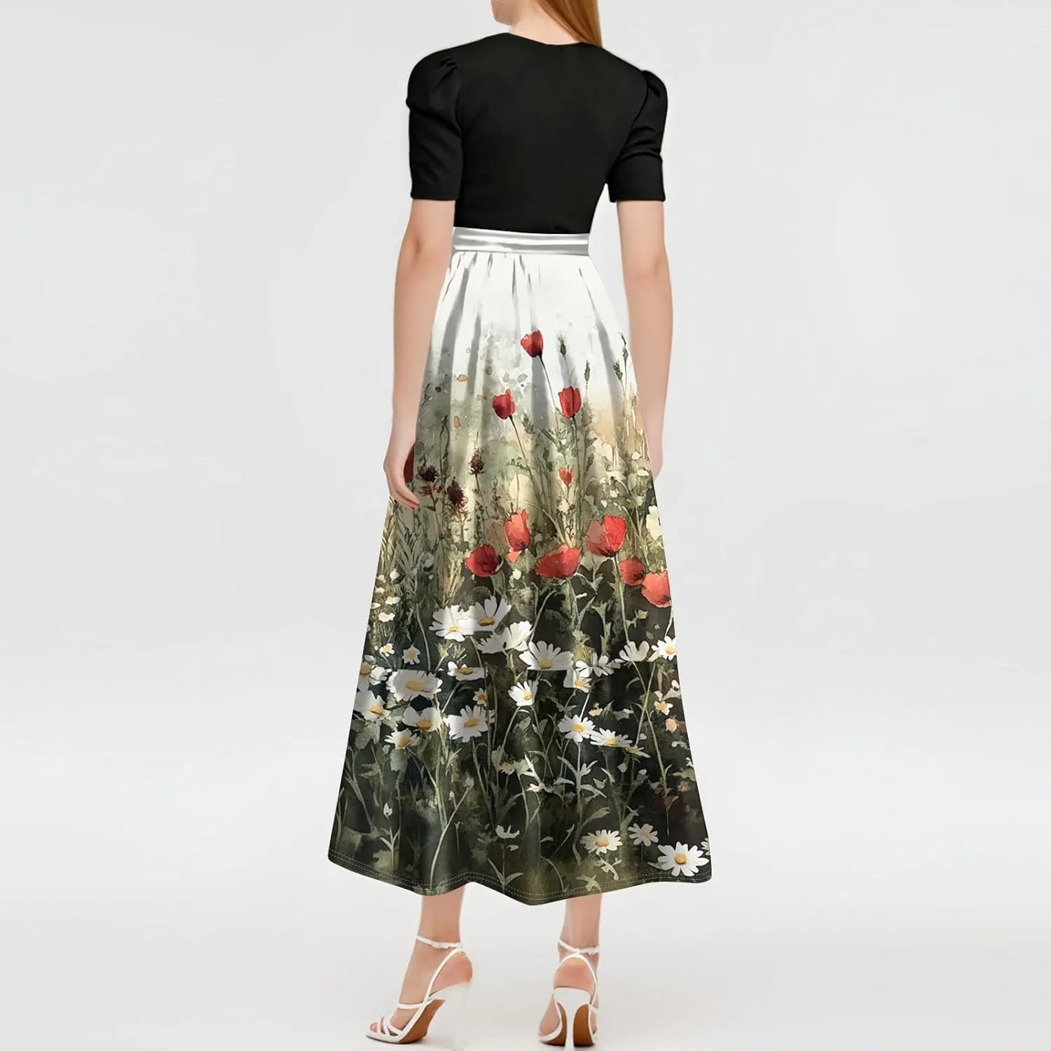 Floral Wedding Guest Dresses for Women- Y2k Tie Puff Short Sleeve Maxi Dress Flowy Patchwork Ruffle Hem Modest Dresses