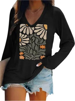 Flowers Graphic Long Sleeve V Neck Tees Shirts for Women Casual Loose Fitted Tshirts Boho Wildflower Trendy Tops Outfits