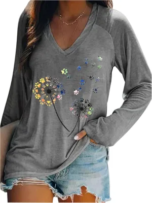 Flowers Graphic Long Sleeve V Neck Tees Shirts for Women Casual Loose Fitted Tshirts Boho Wildflower Trendy Tops Outfits