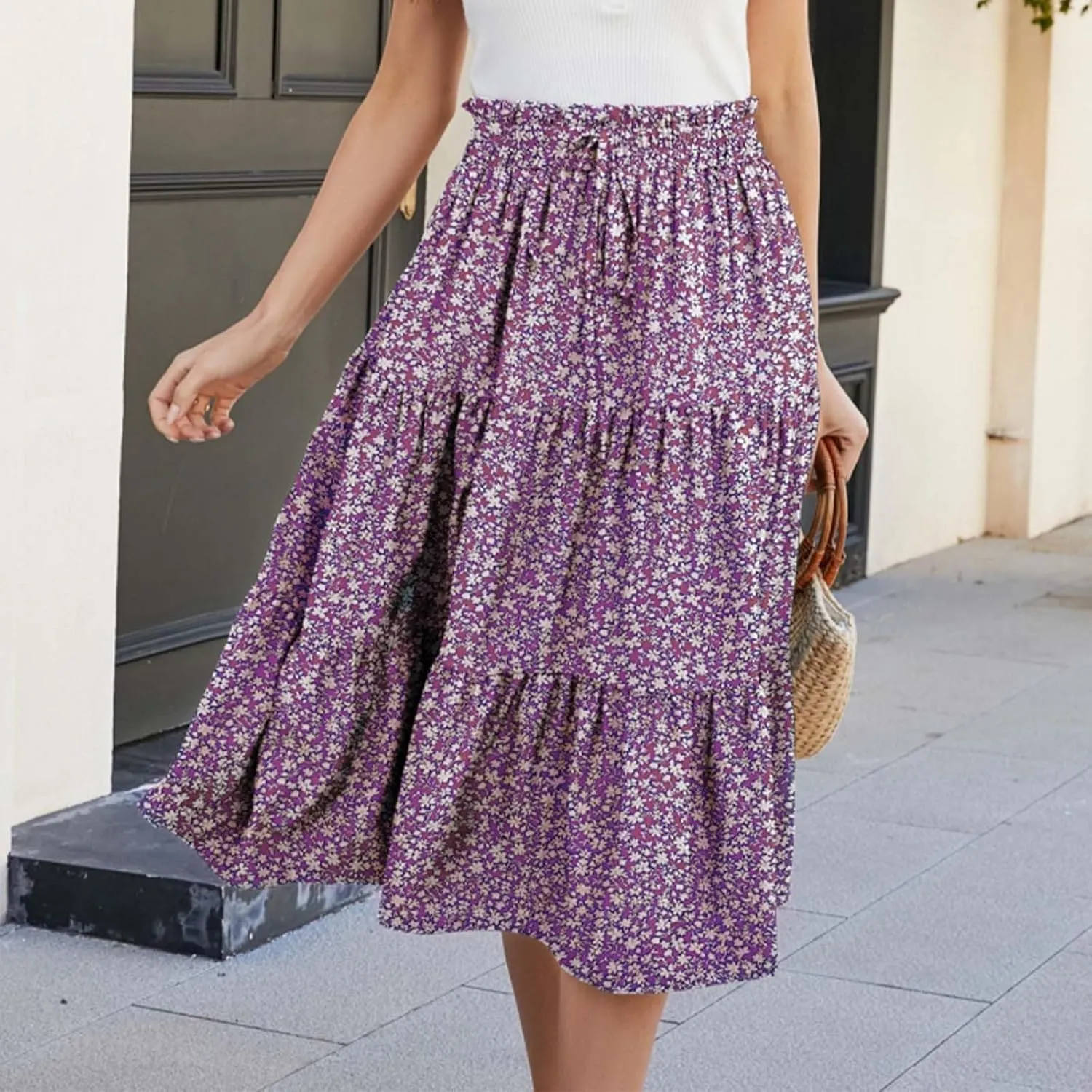 Flowy Floral Skirt for Women Summer Bohemian Tiered Ruffled Elastic High Waisted Lightweight Beach Maxi Skirts