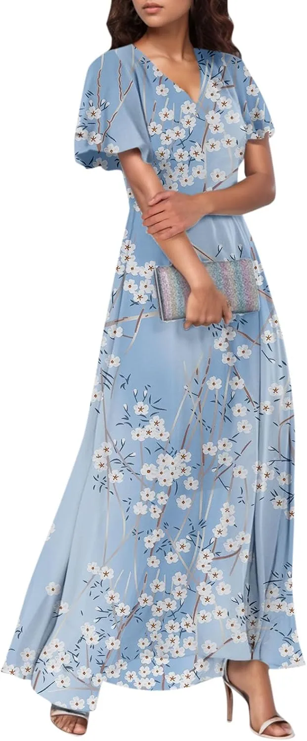Flowy Maxi Dresses for Women Summer High Waist Dresses Chiffon Flutter Sleeve Plus Size Casual Floral Dress