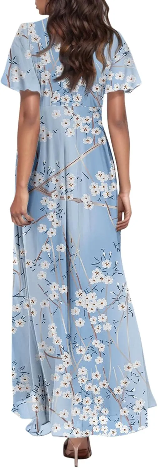 Flowy Maxi Dresses for Women Summer High Waist Dresses Chiffon Flutter Sleeve Plus Size Casual Floral Dress