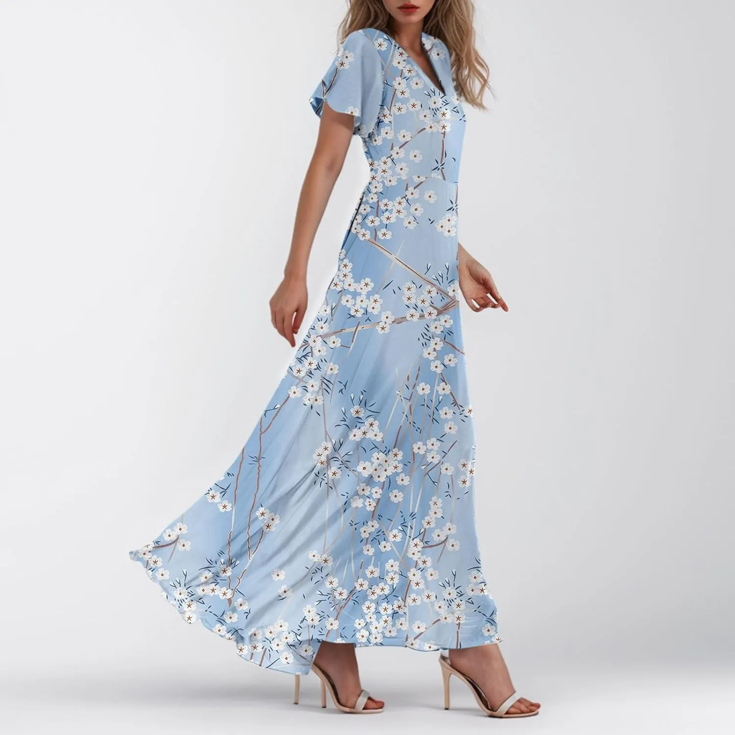 Flowy Maxi Dresses for Women Summer High Waist Dresses Chiffon Flutter Sleeve Plus Size Casual Floral Dress