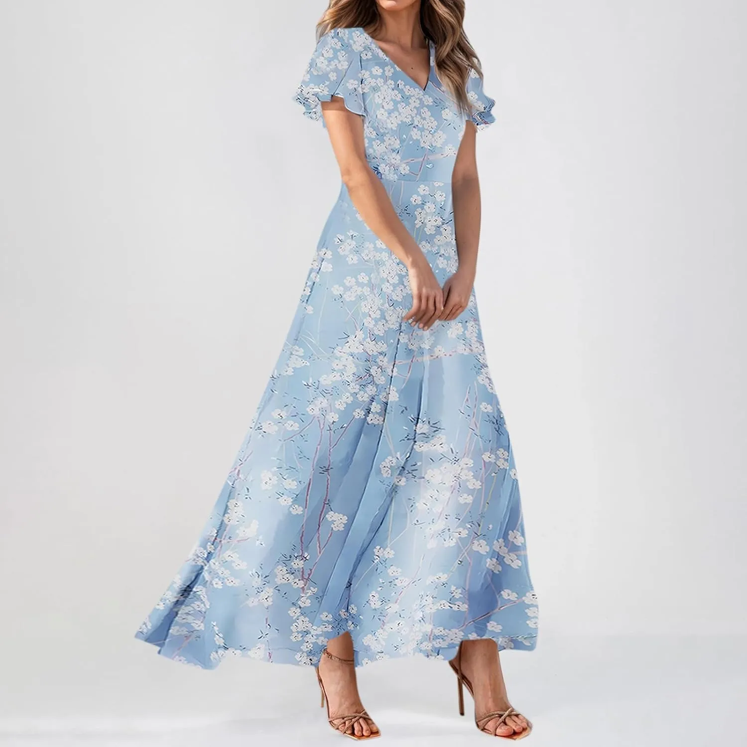 Flowy Maxi Dresses for Women Summer High Waist Dresses Chiffon Flutter Sleeve Plus Size Casual Floral Dress