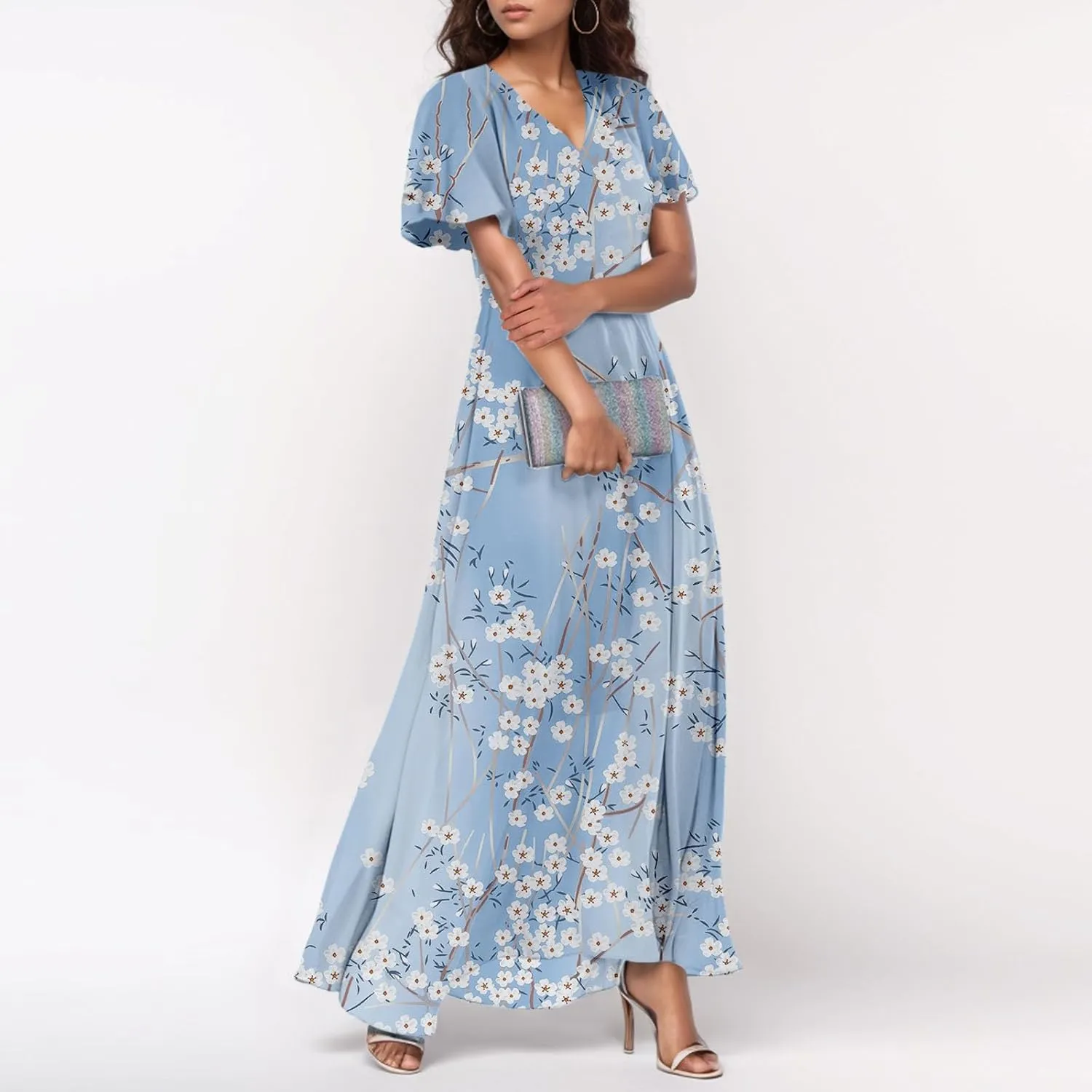 Flowy Maxi Dresses for Women Summer High Waist Dresses Chiffon Flutter Sleeve Plus Size Casual Floral Dress