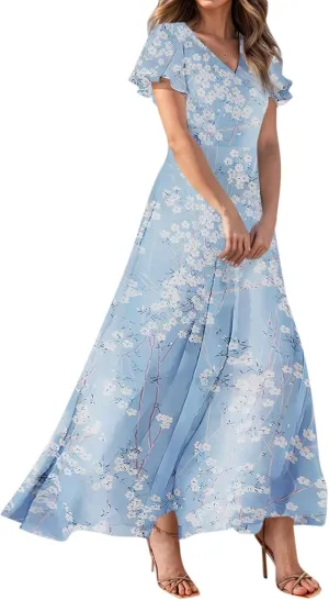 Flowy Maxi Dresses for Women Summer High Waist Dresses Chiffon Flutter Sleeve Plus Size Casual Floral Dress