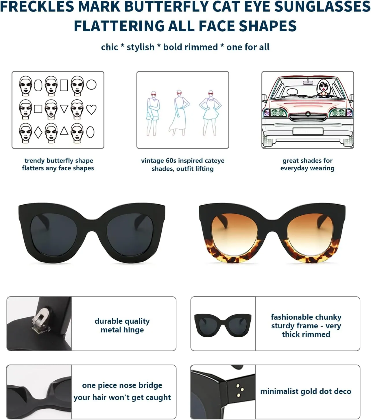 Freckles Mark Thick Fashion Butterfly Sunglasses for Women Trendy Round Cat Eye Sun Glasses