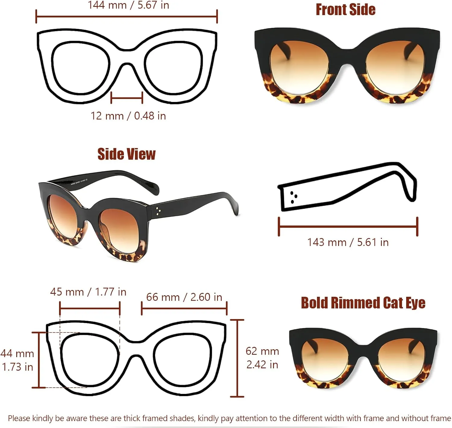 Freckles Mark Thick Fashion Butterfly Sunglasses for Women Trendy Round Cat Eye Sun Glasses