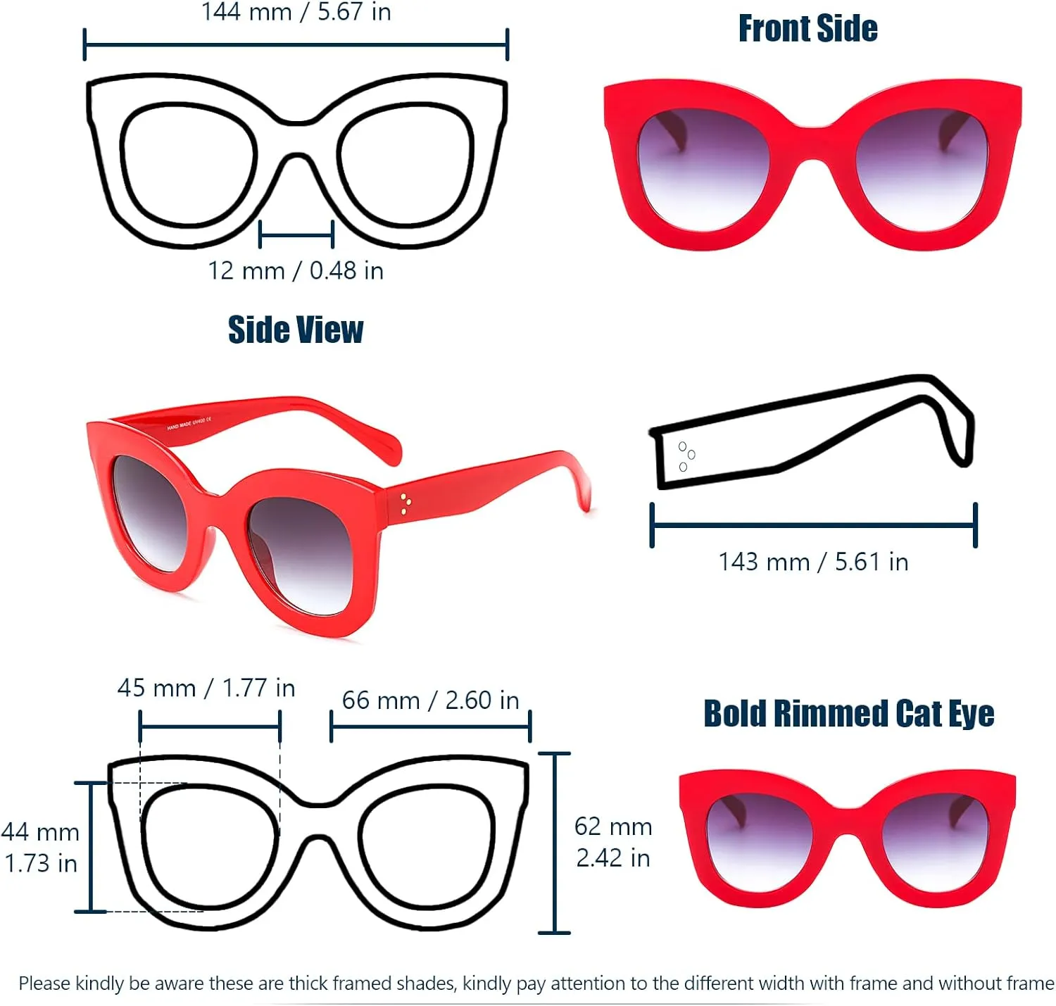 Freckles Mark Thick Fashion Butterfly Sunglasses for Women Trendy Round Cat Eye Sun Glasses