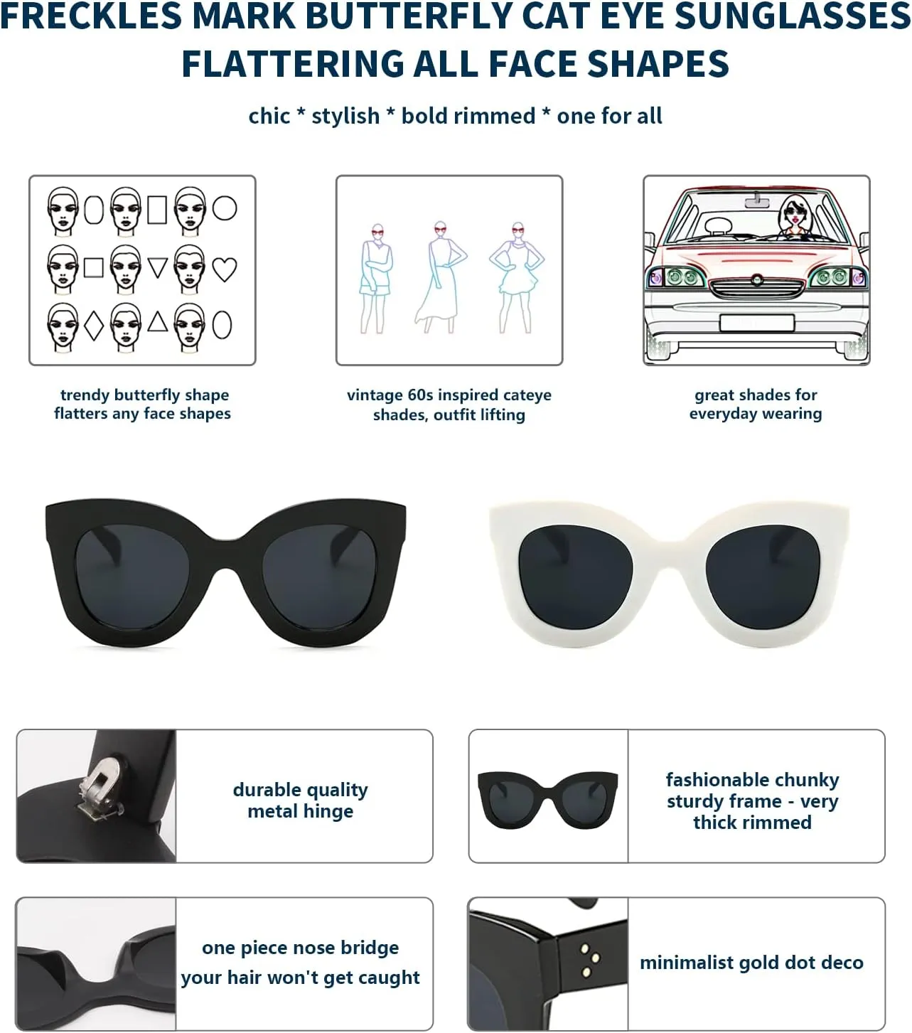 Freckles Mark Thick Fashion Butterfly Sunglasses for Women Trendy Round Cat Eye Sun Glasses