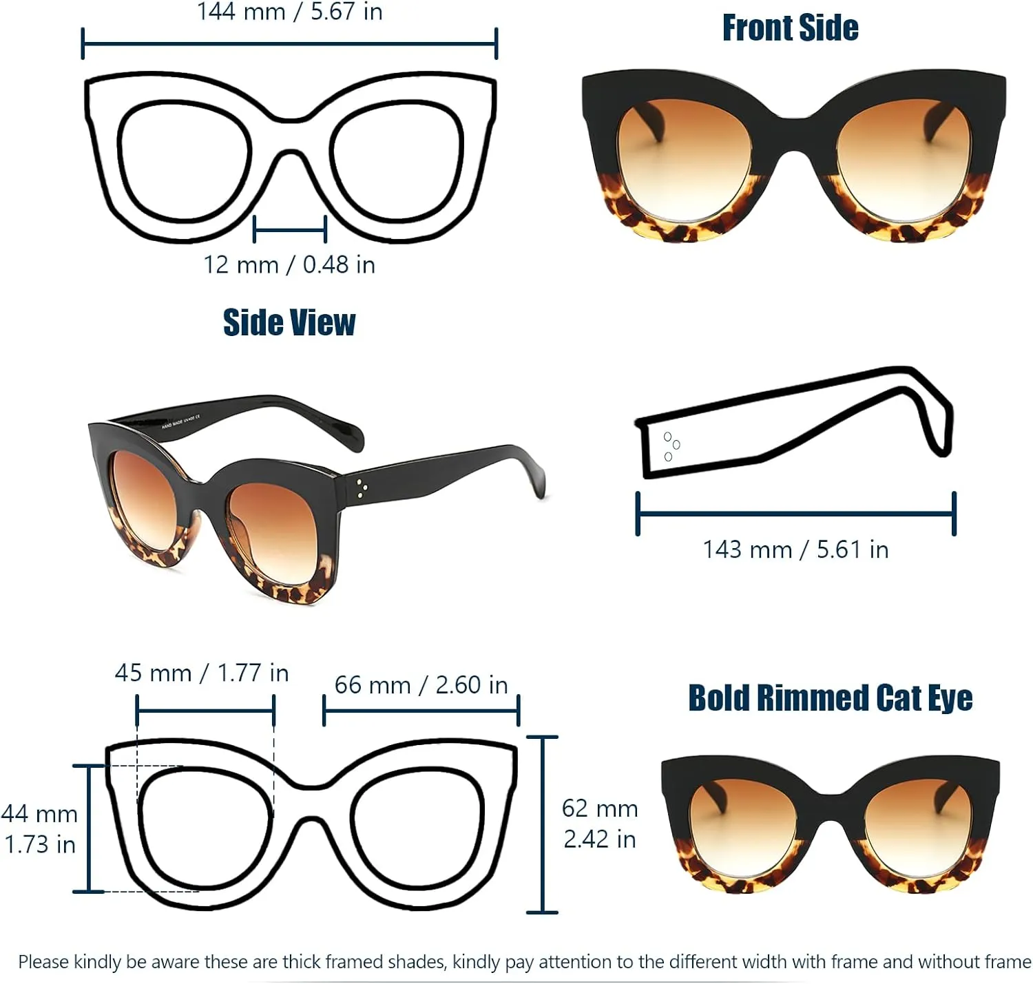 Freckles Mark Thick Fashion Butterfly Sunglasses for Women Trendy Round Cat Eye Sun Glasses