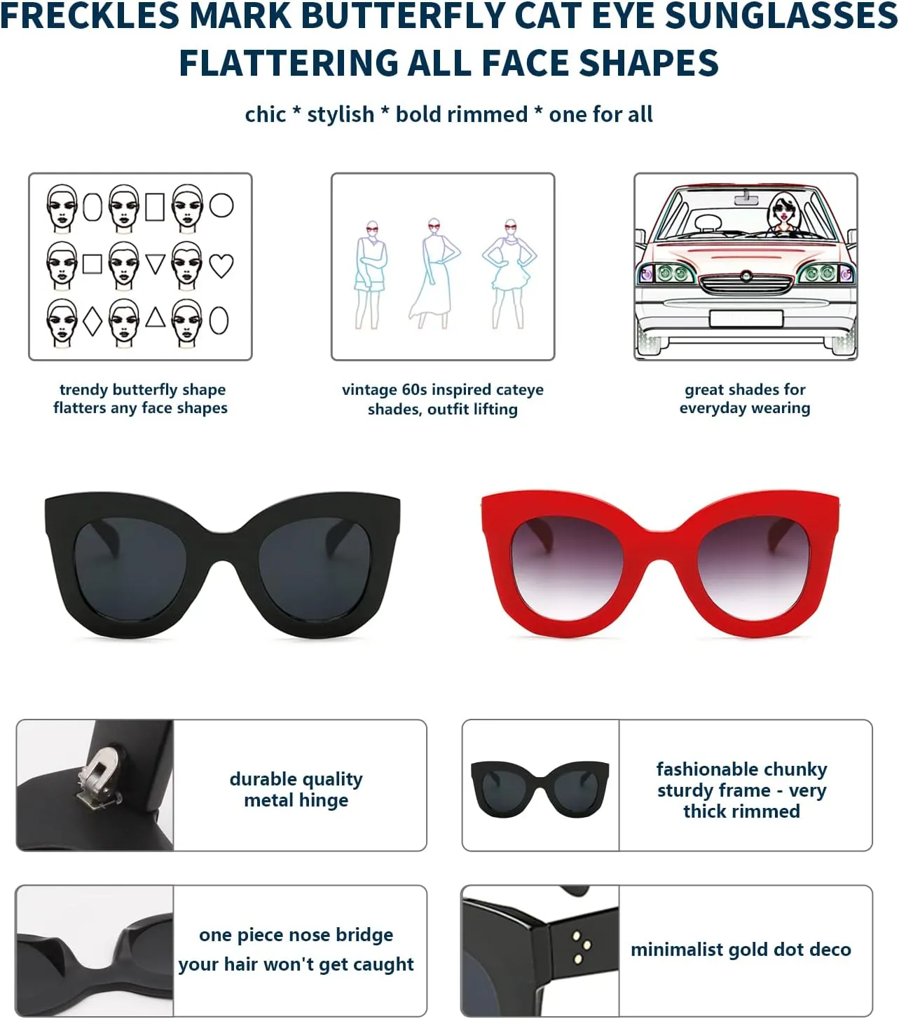Freckles Mark Thick Fashion Butterfly Sunglasses for Women Trendy Round Cat Eye Sun Glasses