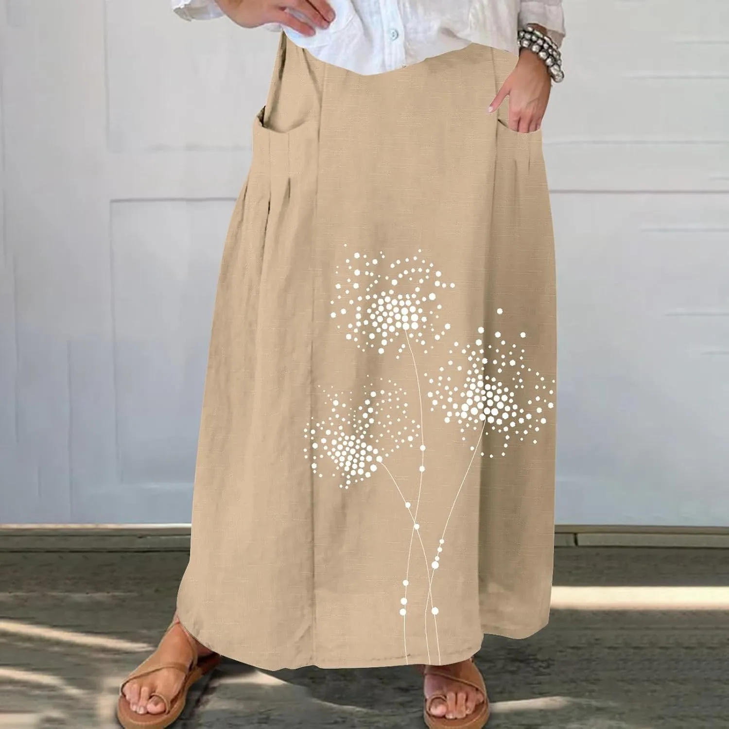 FZYLQY Women's Elastic High Waist Long Skirts Plus Size Casual Loose Skirts with Pockets Pleated A-Line Swing Skirt Dress