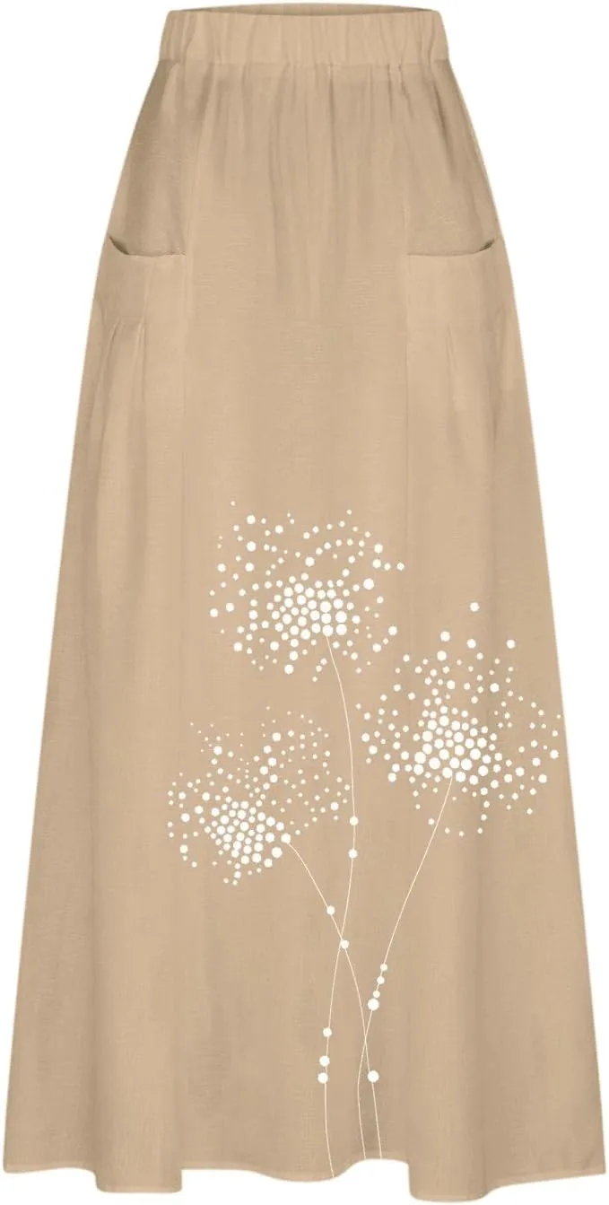 FZYLQY Women's Elastic High Waist Long Skirts Plus Size Casual Loose Skirts with Pockets Pleated A-Line Swing Skirt Dress