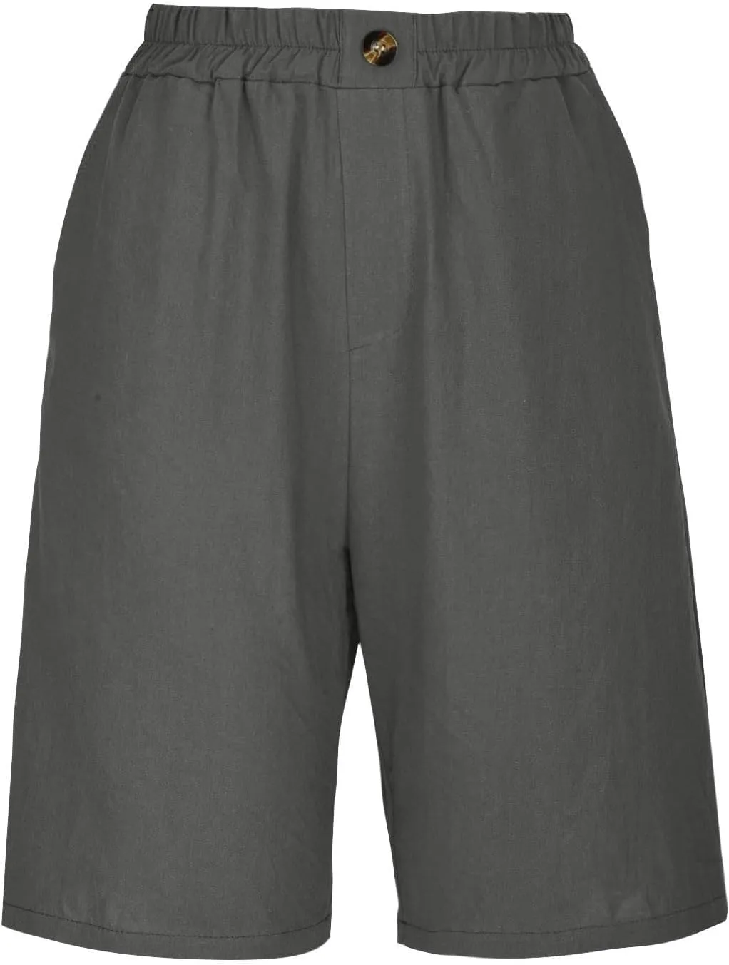 GOFULY Bermuda Shorts for Women Knee Length High Rise Cotton Linen Shorts Elastic Waist Button Half Pants with Pockets