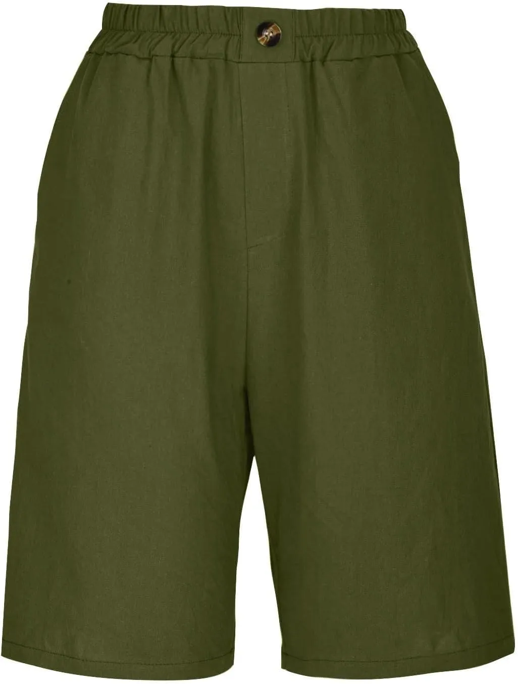 GOFULY Bermuda Shorts for Women Knee Length High Rise Cotton Linen Shorts Elastic Waist Button Half Pants with Pockets