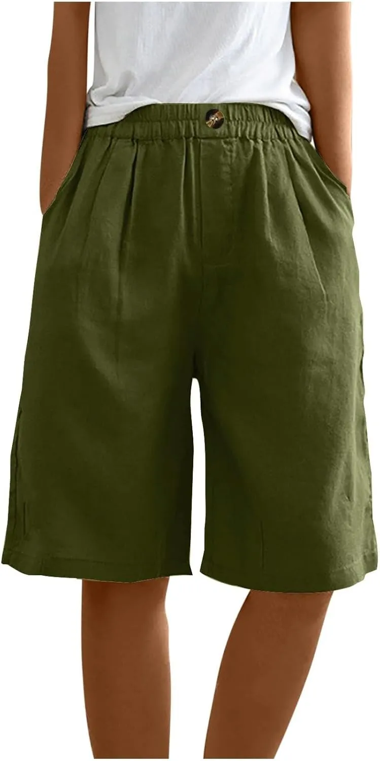 GOFULY Bermuda Shorts for Women Knee Length High Rise Cotton Linen Shorts Elastic Waist Button Half Pants with Pockets