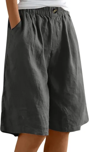 GOFULY Bermuda Shorts for Women Knee Length High Rise Cotton Linen Shorts Elastic Waist Button Half Pants with Pockets