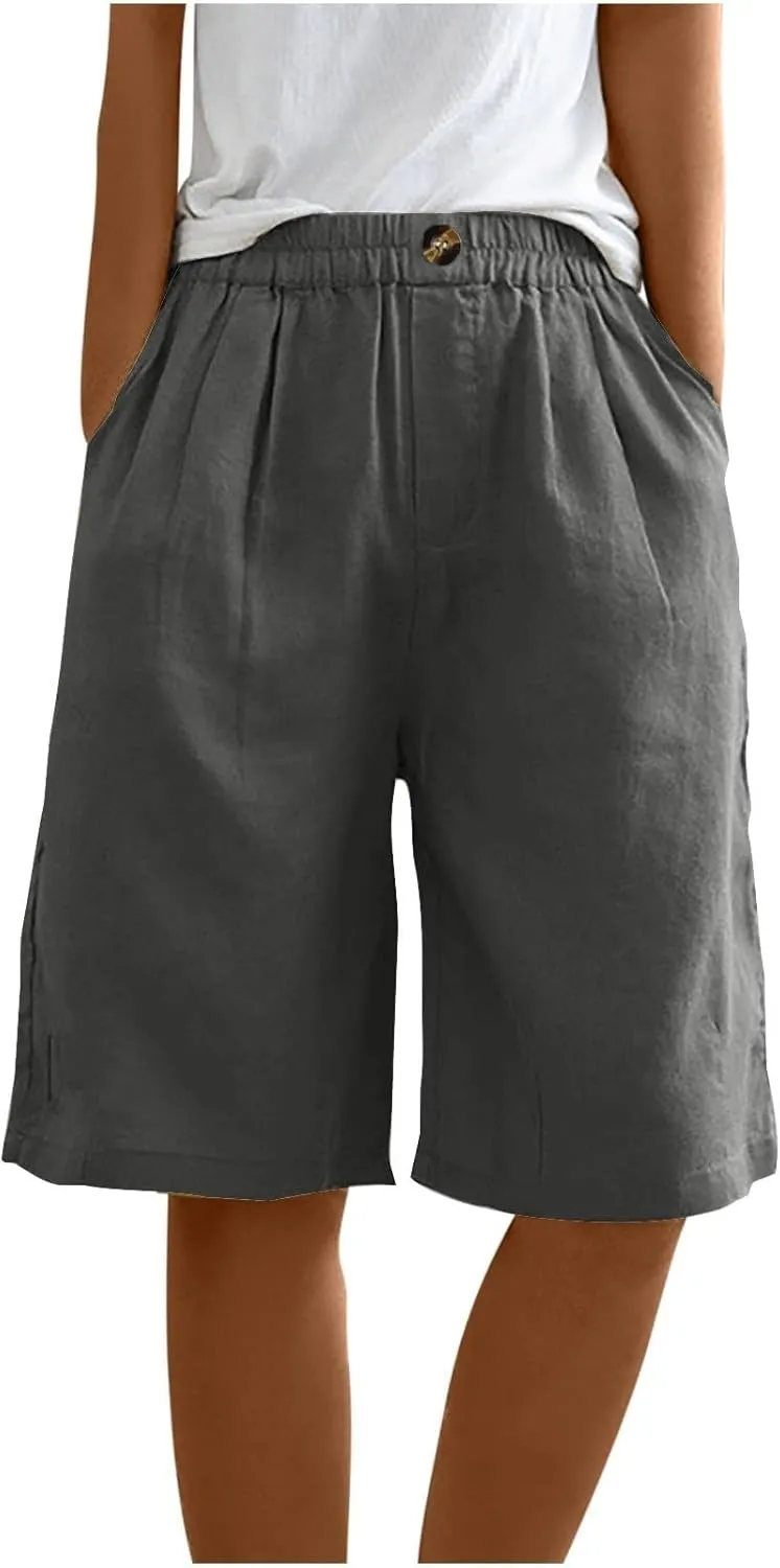 GOFULY Bermuda Shorts for Women Knee Length High Rise Cotton Linen Shorts Elastic Waist Button Half Pants with Pockets