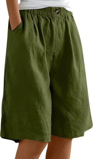 GOFULY Bermuda Shorts for Women Knee Length High Rise Cotton Linen Shorts Elastic Waist Button Half Pants with Pockets