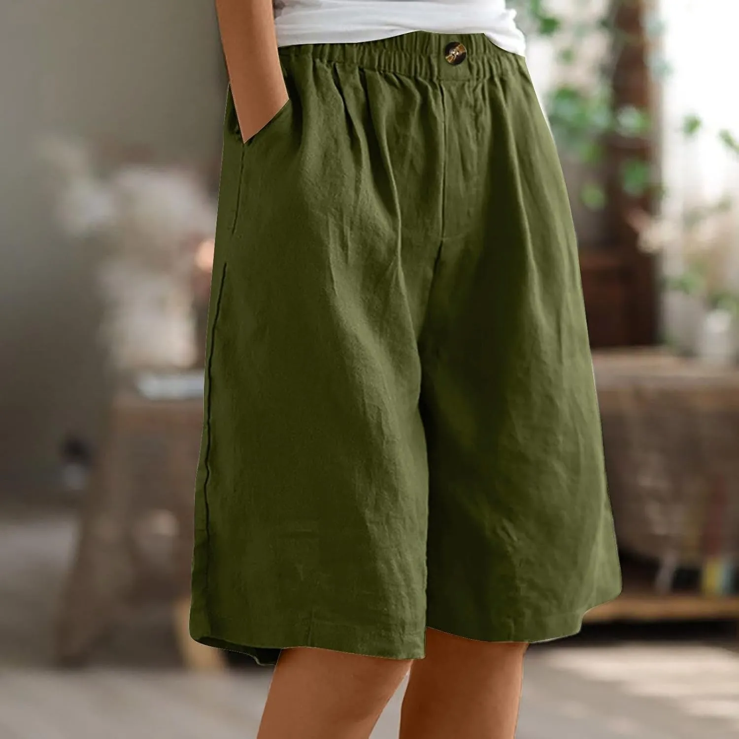 GOFULY Bermuda Shorts for Women Knee Length High Rise Cotton Linen Shorts Elastic Waist Button Half Pants with Pockets