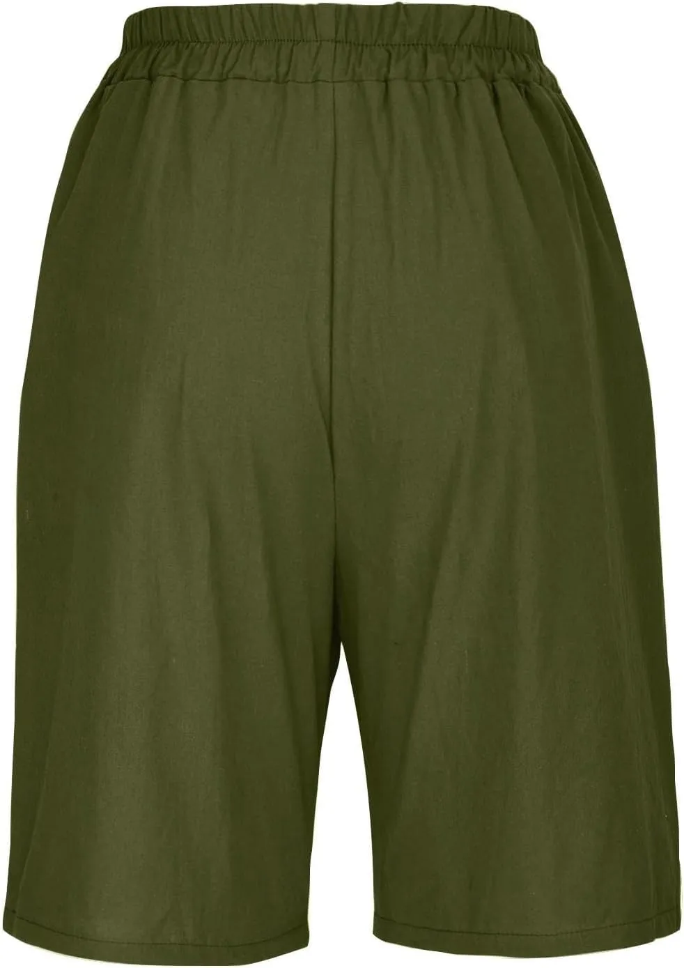 GOFULY Bermuda Shorts for Women Knee Length High Rise Cotton Linen Shorts Elastic Waist Button Half Pants with Pockets