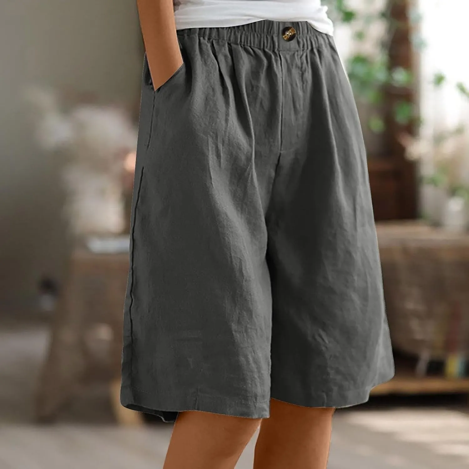 GOFULY Bermuda Shorts for Women Knee Length High Rise Cotton Linen Shorts Elastic Waist Button Half Pants with Pockets