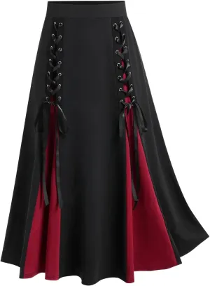 Goth Skirts for Womens Trendy Pleated Steampunk High Waist Patchwork Midi Gothic Skirt Halloween Costumes