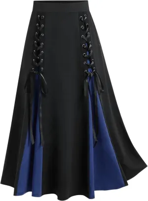 Goth Skirts for Womens Trendy Pleated Steampunk High Waist Patchwork Midi Gothic Skirt Halloween Costumes