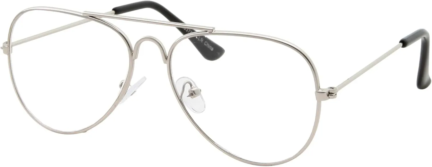 grinderPUNCH Kids Fake Aviator Eye Glasses Clear Lens Children's Non Prescription (Age 3-10), Silver