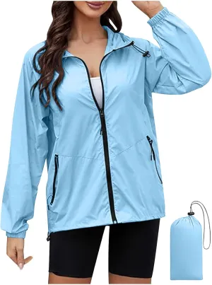 Hooded Rain Jacket for Women Lightweight Waterproof Windbreaker Jacket Packable Rain Coats with Pockets