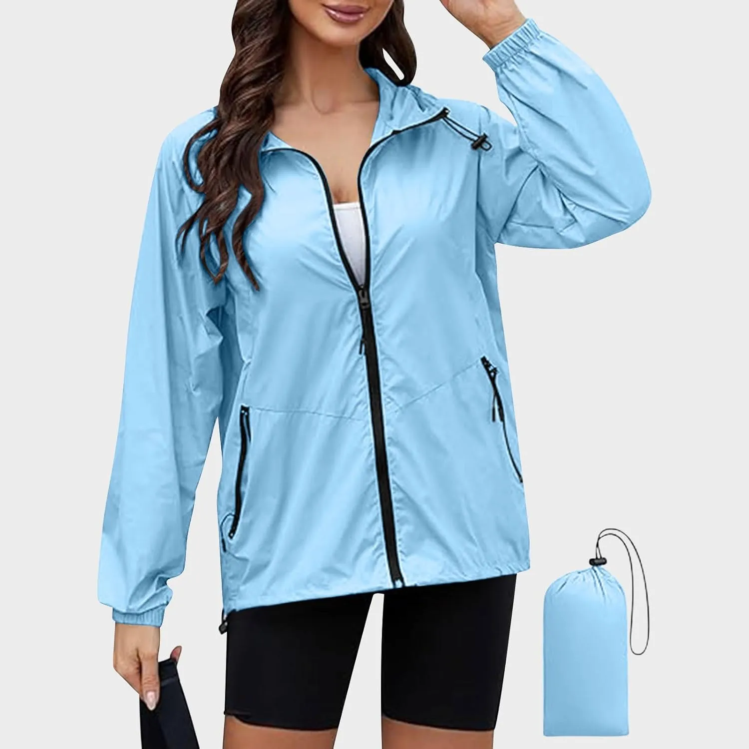 Hooded Rain Jacket for Women Lightweight Waterproof Windbreaker Jacket Packable Rain Coats with Pockets