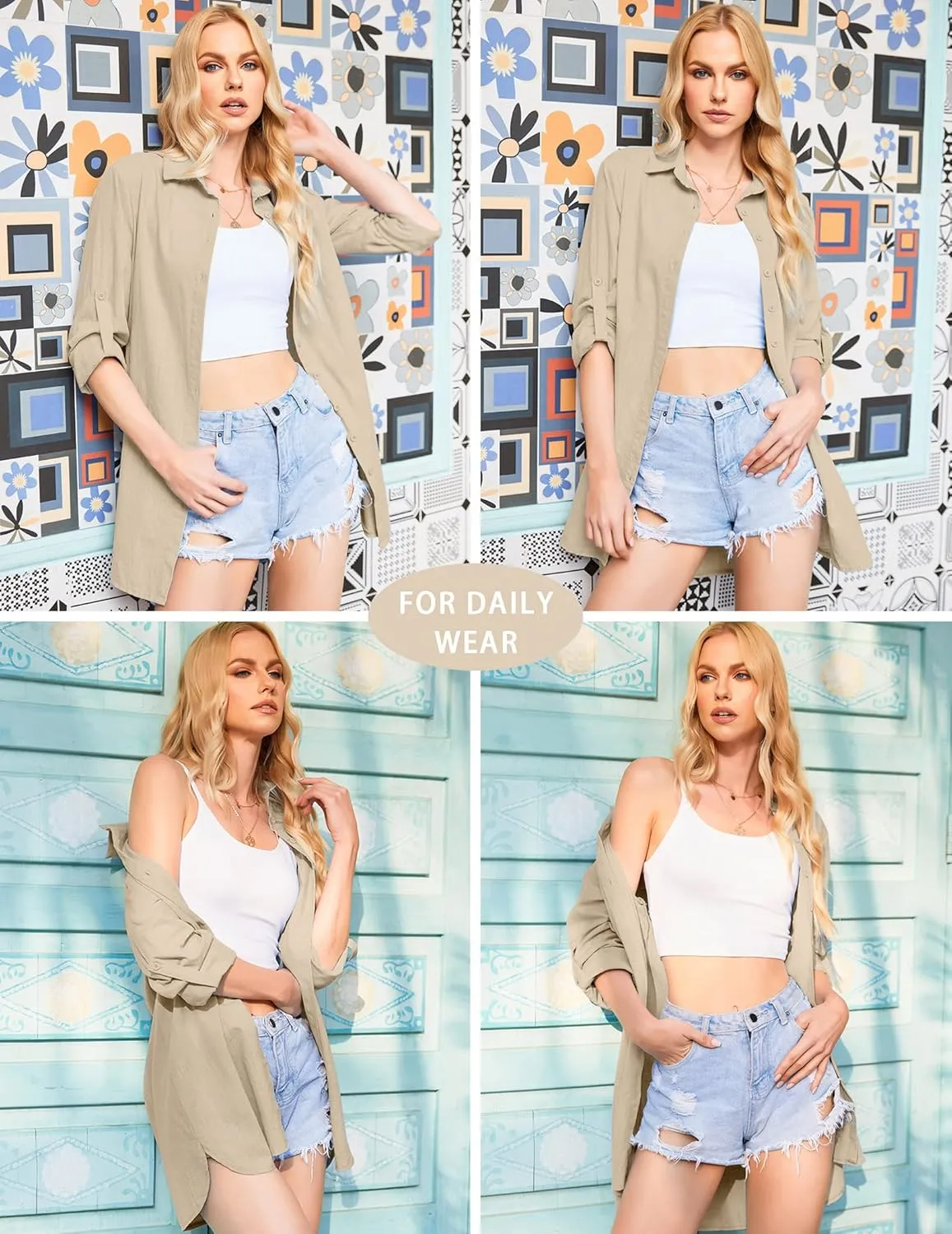 HOTOUCH Women Boyfriend Shirts Button Down Long Sleeve Blouse Cuffed Sleeve Collared Shirt