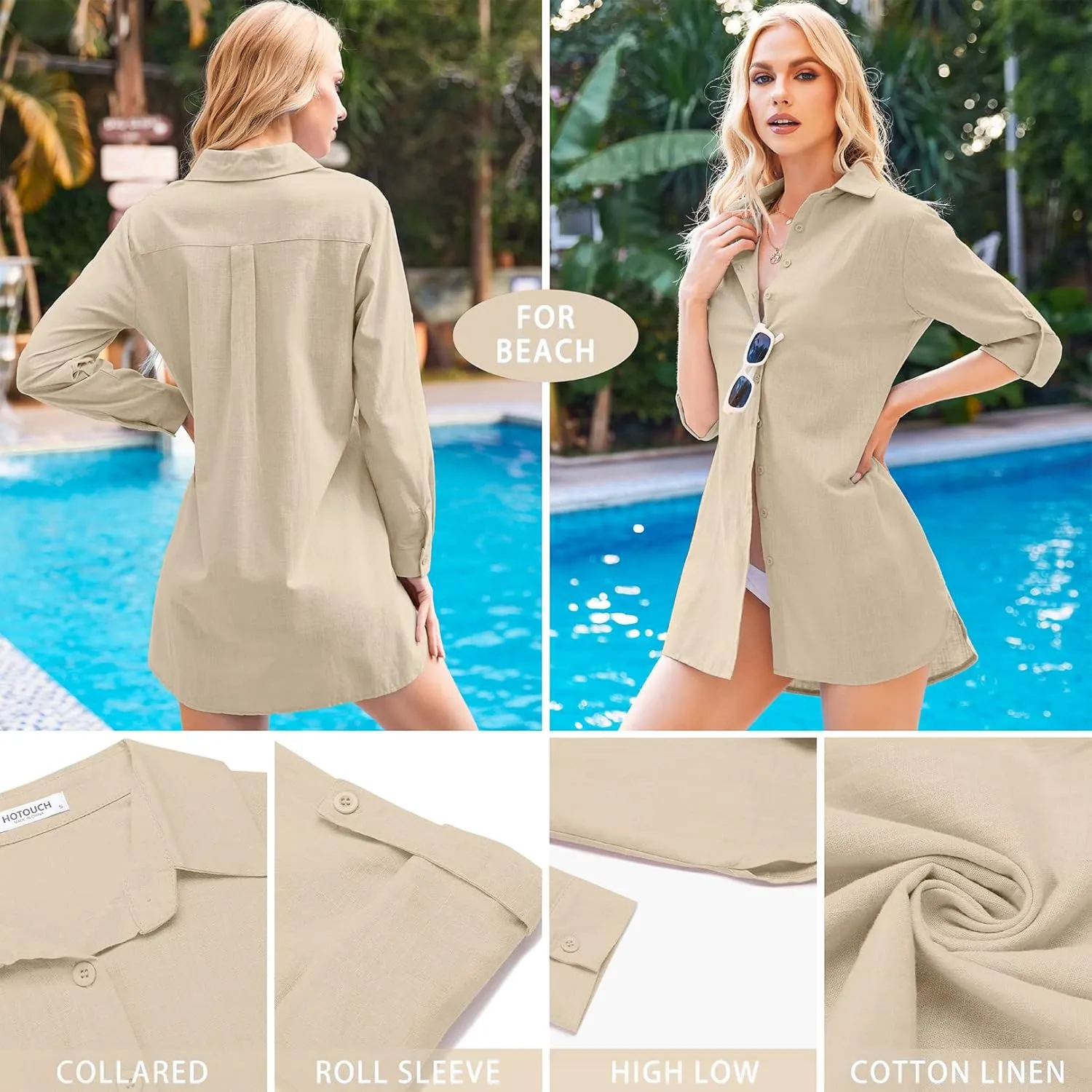 HOTOUCH Women Boyfriend Shirts Button Down Long Sleeve Blouse Cuffed Sleeve Collared Shirt