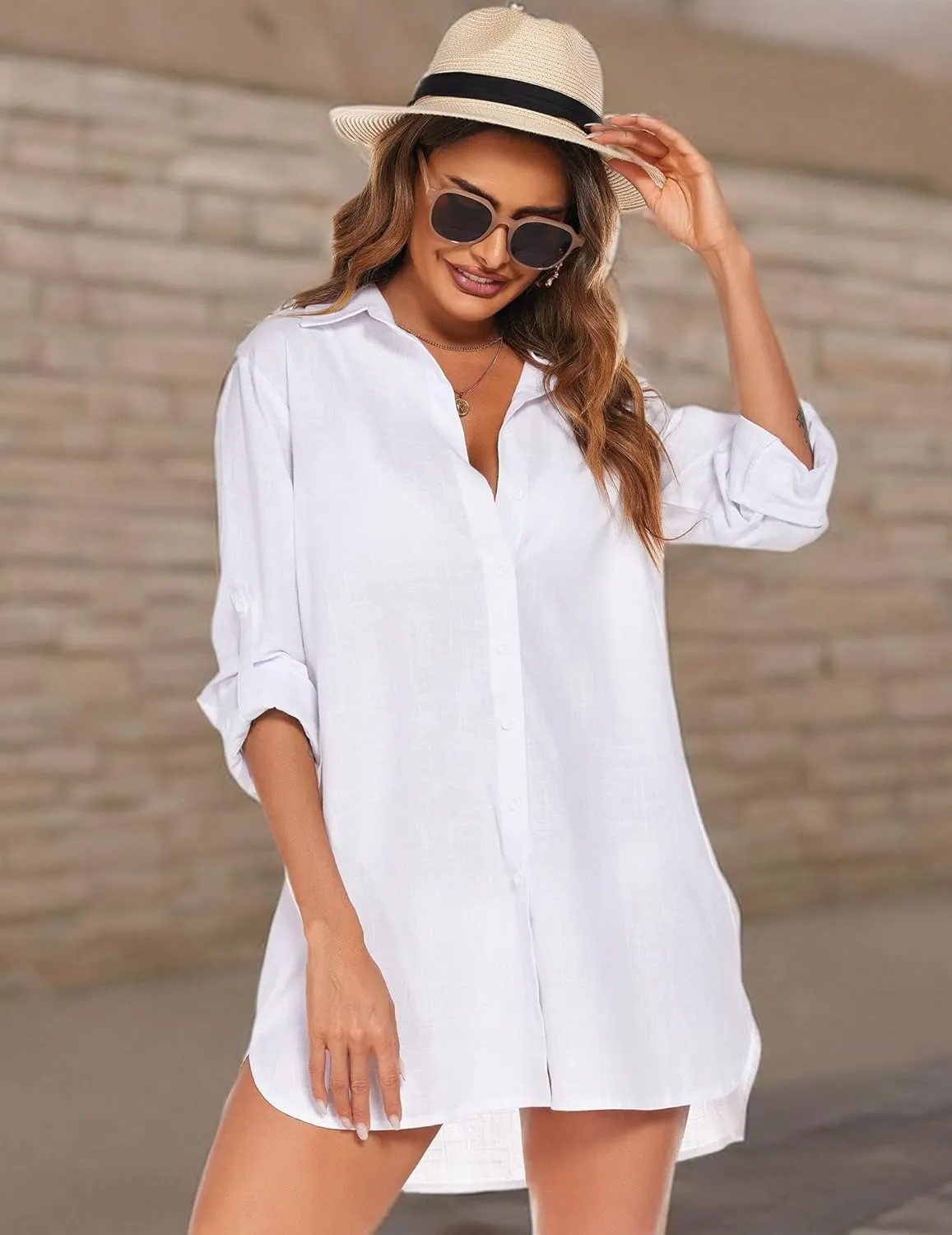 HOTOUCH Women Boyfriend Shirts Button Down Long Sleeve Blouse Cuffed Sleeve Collared Shirt
